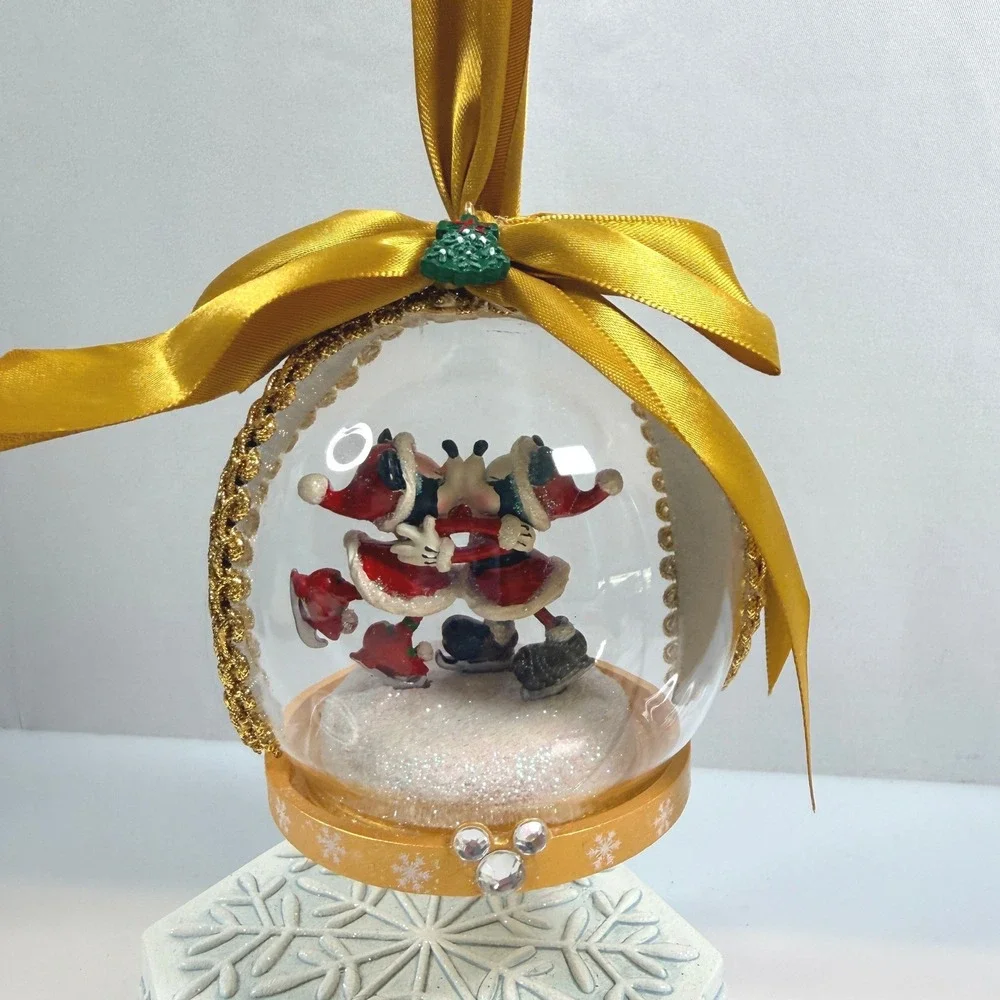Disney Mickey Minnie Kissing Christmas Ornament Mistletoe Snow Globe Style